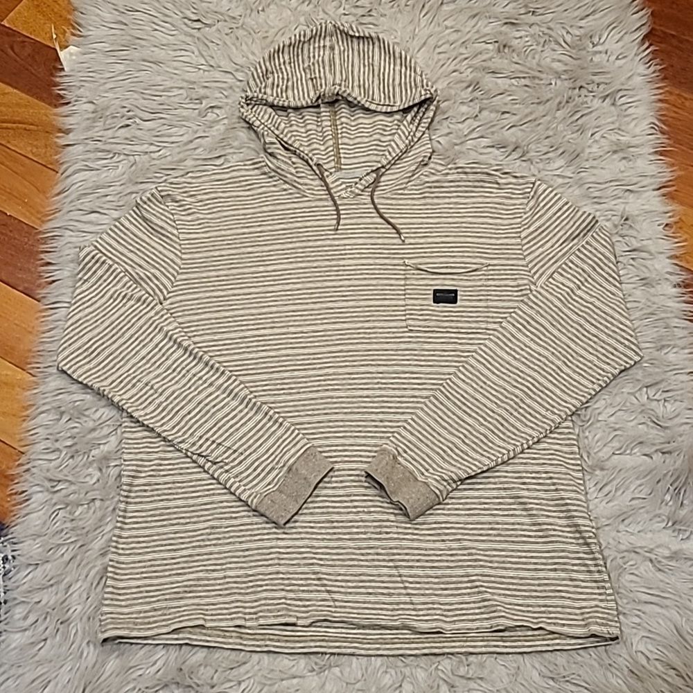 Quicksilver mens tan and white stripped botton hooded long sleeve shirt‎